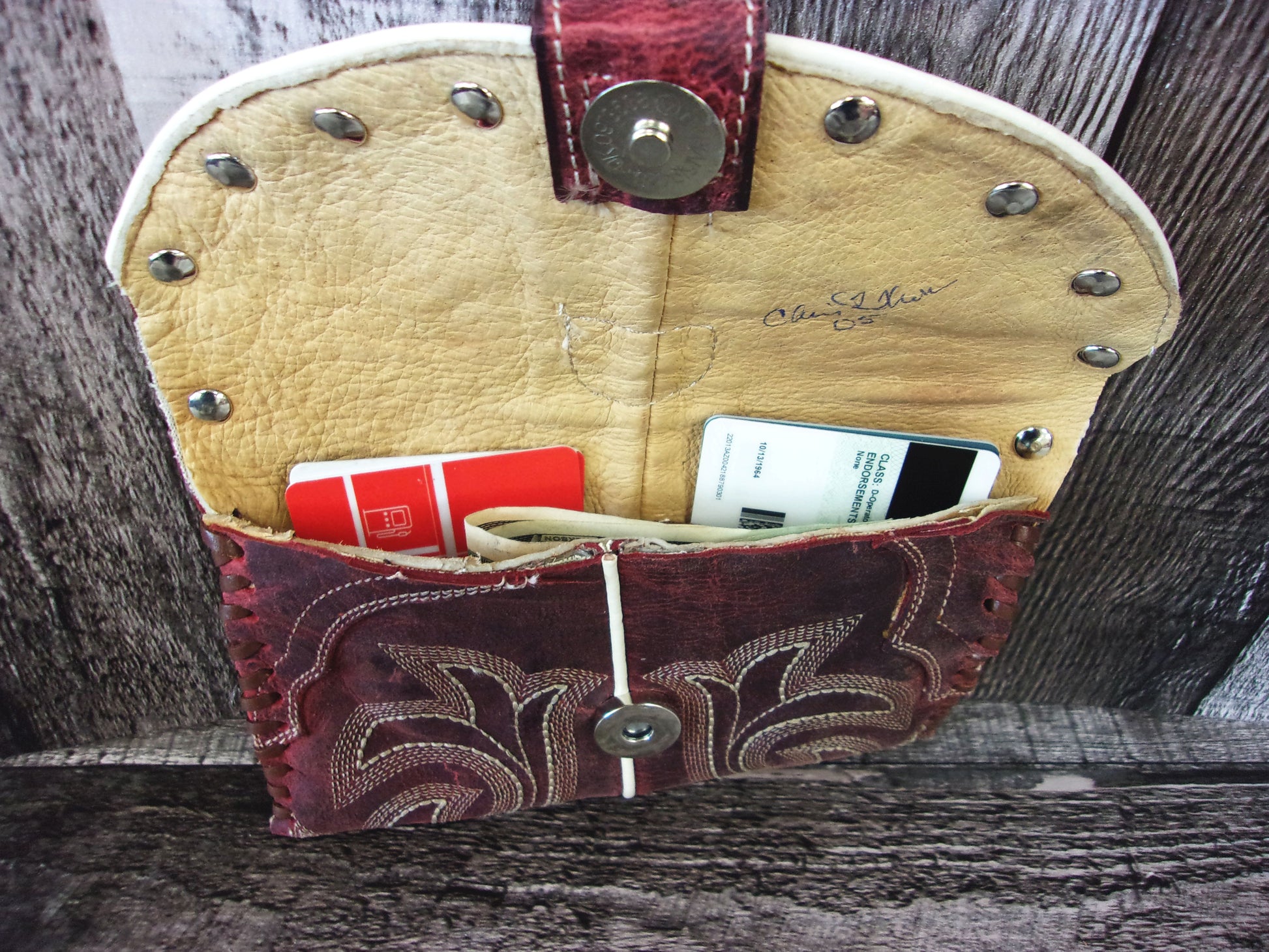 Wallet/Card Holder WC05 handcrafted from cowboy boots. Shop Handbags, Wallets & Cases at and buy the best card holder, country centerpiece, Country Chic, country style, Cowgirl Chic, cowgirl gift, cowgirl style, unique gift for her, wallet at Chris Thompson Bags.