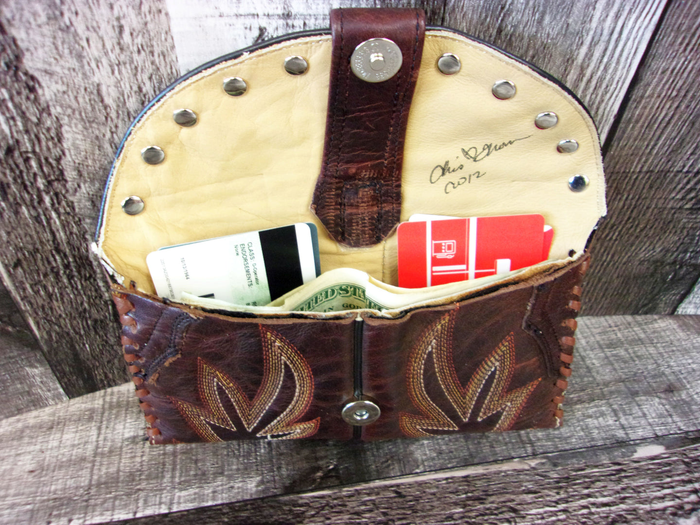 Wallet/Card Holder WC12.1 handcrafted from cowboy boots. Shop Handbags, Wallets & Cases at ChrisThompsonBags.com and buy the best card holder, country centerpiece, Country Chic, country style, Cowgirl Chic, cowgirl gift, cowgirl style, unique gift for her, wallet at Chris Thompson Bags.