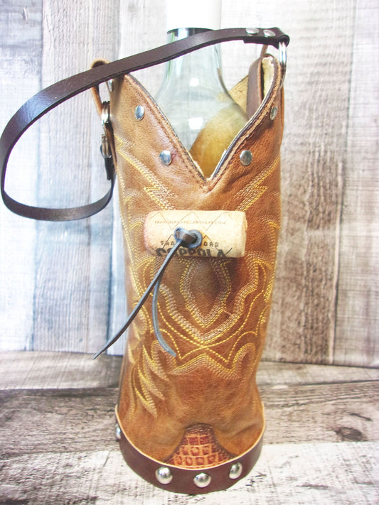 Cowboy Boot Wine Tote wt793 handcrafted from cowboy boots. Shop Wine Carrier Bags at ChrisThompsonBags.com and buy the best country bridesmaid, country centerpiece, country wedding, cowboy gift, cowgirl centerpiece, cowgirl gift, cowgirl wine bag, rodeo party bag, rustic wine carrier, unique western gift, western wine tote, wine lovers gift at Chris Thompson Bags.