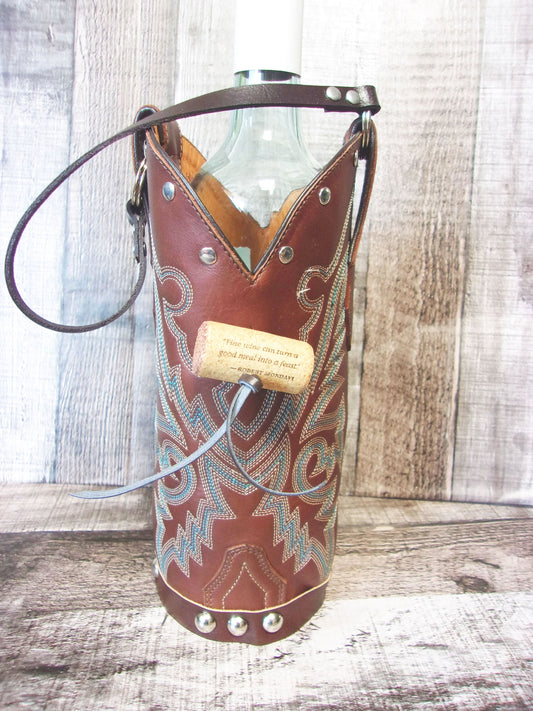 Cowboy Boot Wine Tote wt796 handcrafted from cowboy boots. Shop Wine Carrier Bags at ChrisThompsonBags.com and buy the best country bridesmaid, country centerpiece, country wedding, cowboy gift, cowgirl centerpiece, cowgirl gift, cowgirl wine bag, rodeo party bag, rustic wine carrier, unique western gift, western wine tote, wine lovers gift at Chris Thompson Bags.