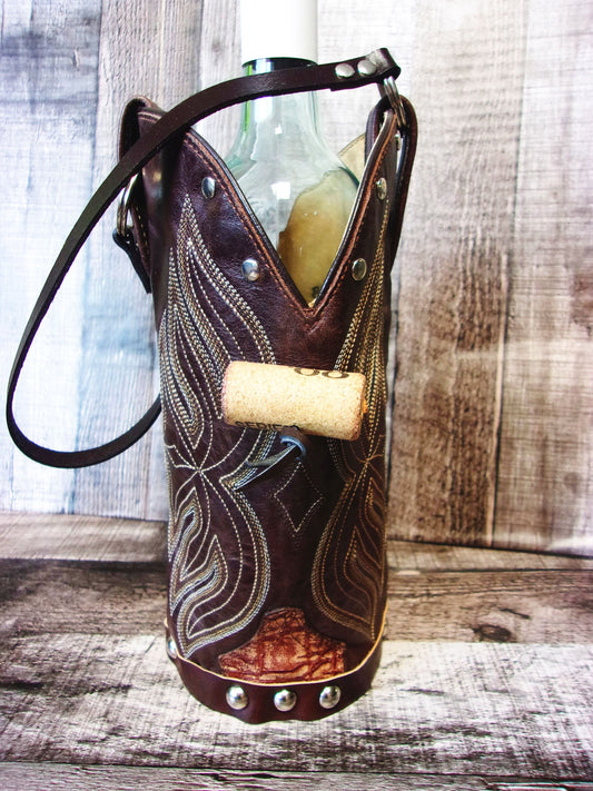 Cowboy Boot Wine Tote wt805 handcrafted from cowboy boots. Shop Wine Carrier Bags at ChrisThompsonBags.com and buy the best country bridesmaid, country centerpiece, country wedding, cowboy gift, cowgirl centerpiece, cowgirl gift, cowgirl wine bag, rodeo party bag, rustic wine carrier, unique western gift, western wine tote, wine lovers gift at Chris Thompson Bags.