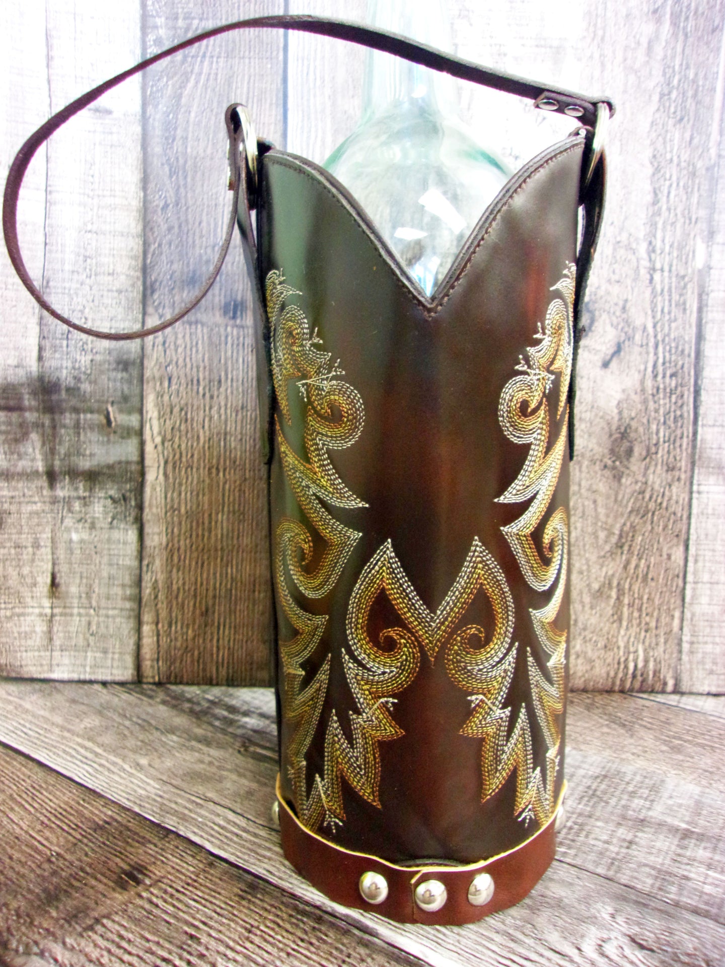 Cowboy Boot Wine Tote wt839 handcrafted from cowboy boots. Shop Wine Carrier Bags at ChrisThompsonBags.com and buy the best country bridesmaid, country centerpiece, country wedding, cowboy gift, cowgirl centerpiece, cowgirl gift, cowgirl wine bag, rodeo party bag, rustic wine carrier, unique western gift, western wine tote, wine lovers gift at Chris Thompson Bags.