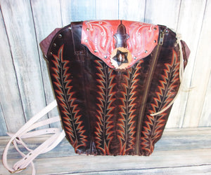 Brown and Orange Backpack - Western Backpack - Western Ruffsack cowboy boot purses, western fringe purse, handmade leather purses, boot purse, handmade western purse, custom leather handbags Chris Thompson Bags