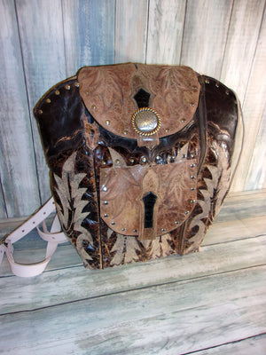 Brown and Tan Backpack - Western Backpack - Western Ruffsack cowboy boot purses, western fringe purse, handmade leather purses, boot purse, handmade western purse, custom leather handbags Chris Thompson Bags