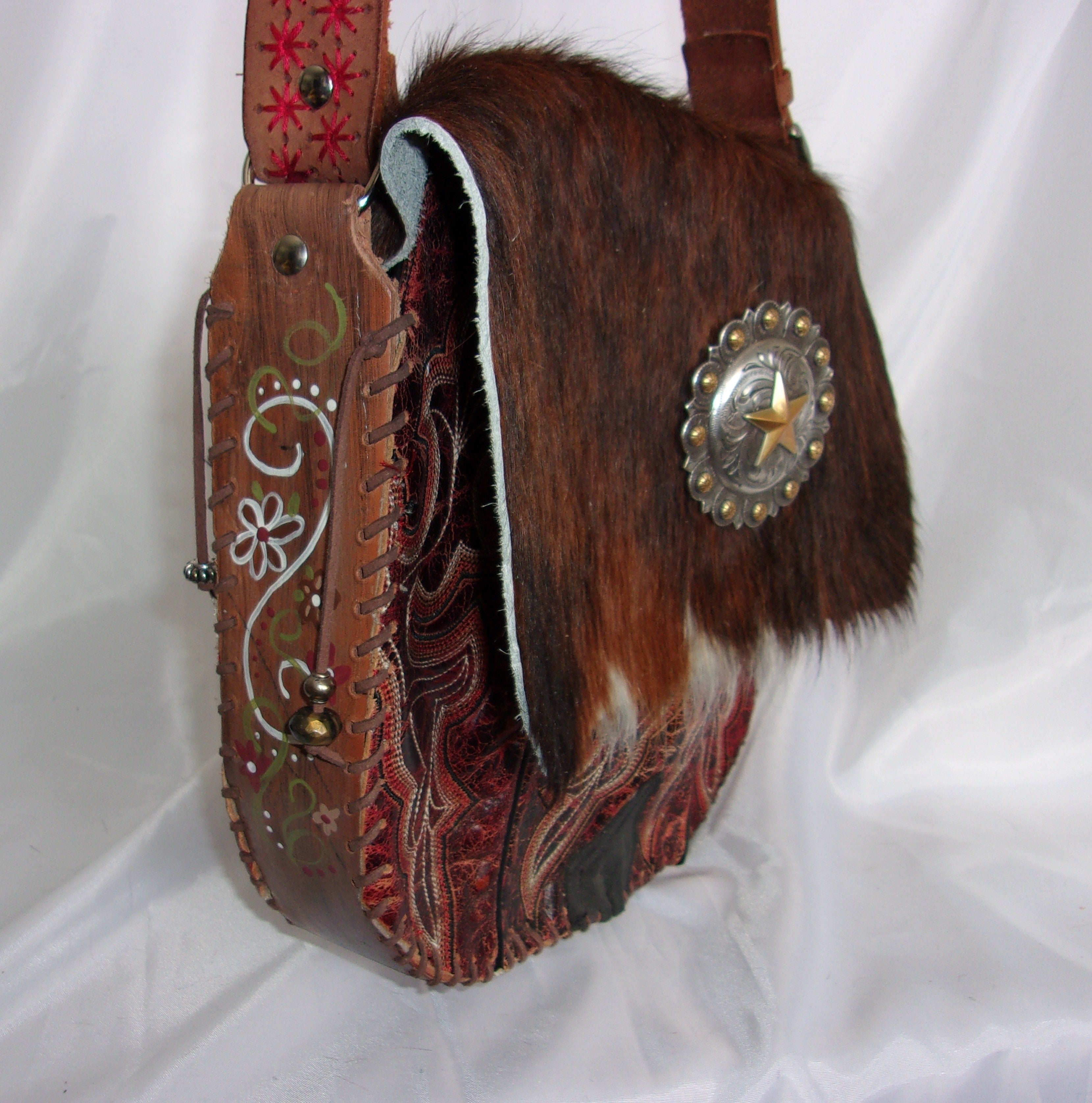 Hair on Hide Bag - Cowboy Boot Purse - Cowhide Purse - Handpainted Purse SB07 cowboy boot purses, western fringe purse, handmade leather purses, boot purse, handmade western purse, custom leather handbags Chris Thompson Bags