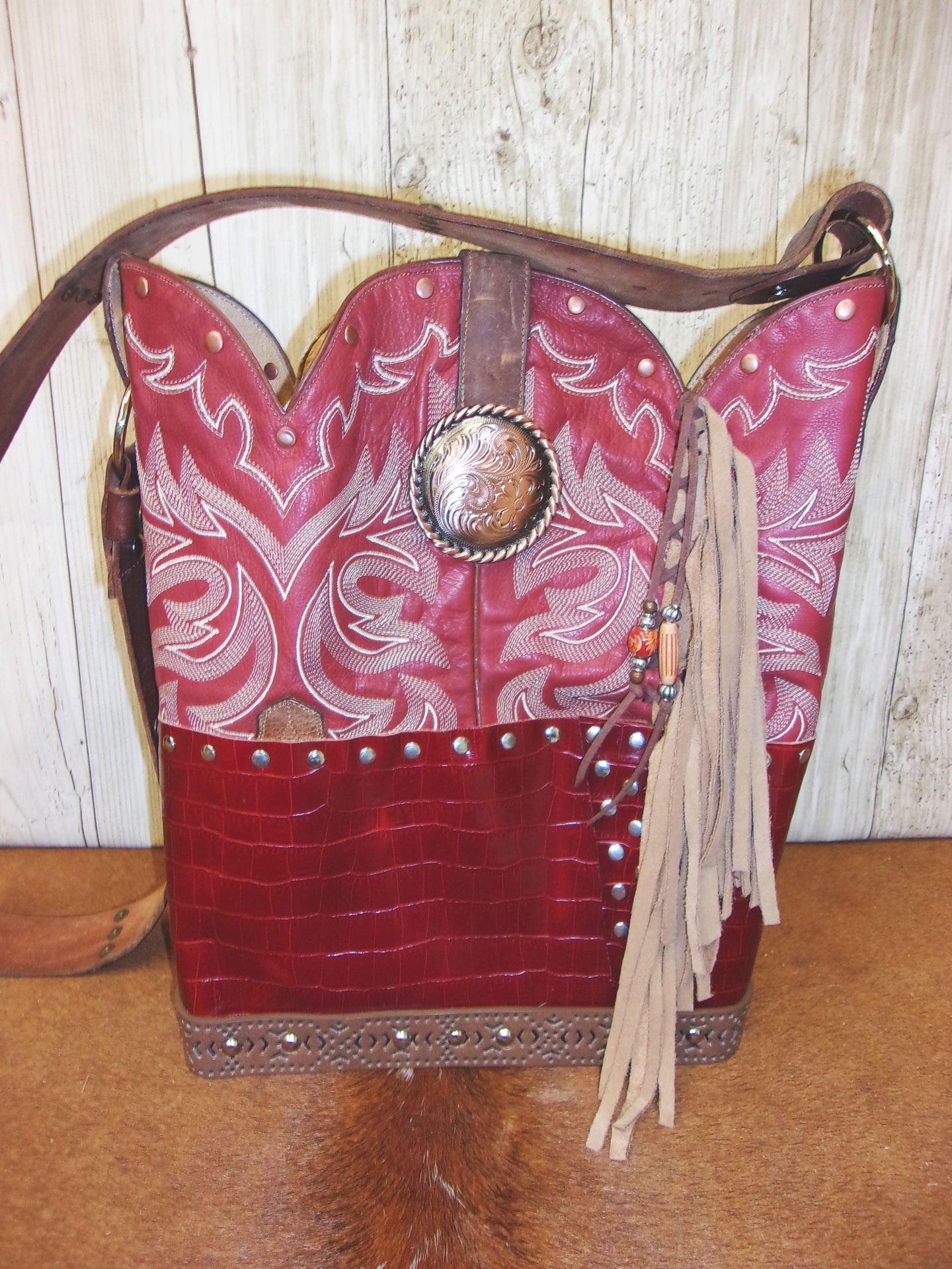 Top Shelf Cowboy Boot Purse with Fringe TS311 handcrafted from cowboy boots. Shop Handbags at ChrisThompsonBags.com and buy the best boot top purse, Country Chic, country fashion, country style, cowboy boot lover, cowboy boot purse, Cowgirl Chic, cowgirl style, luxury handbag, rodeo purse, western chic, western fashion, western style at Chris Thompson Bags.