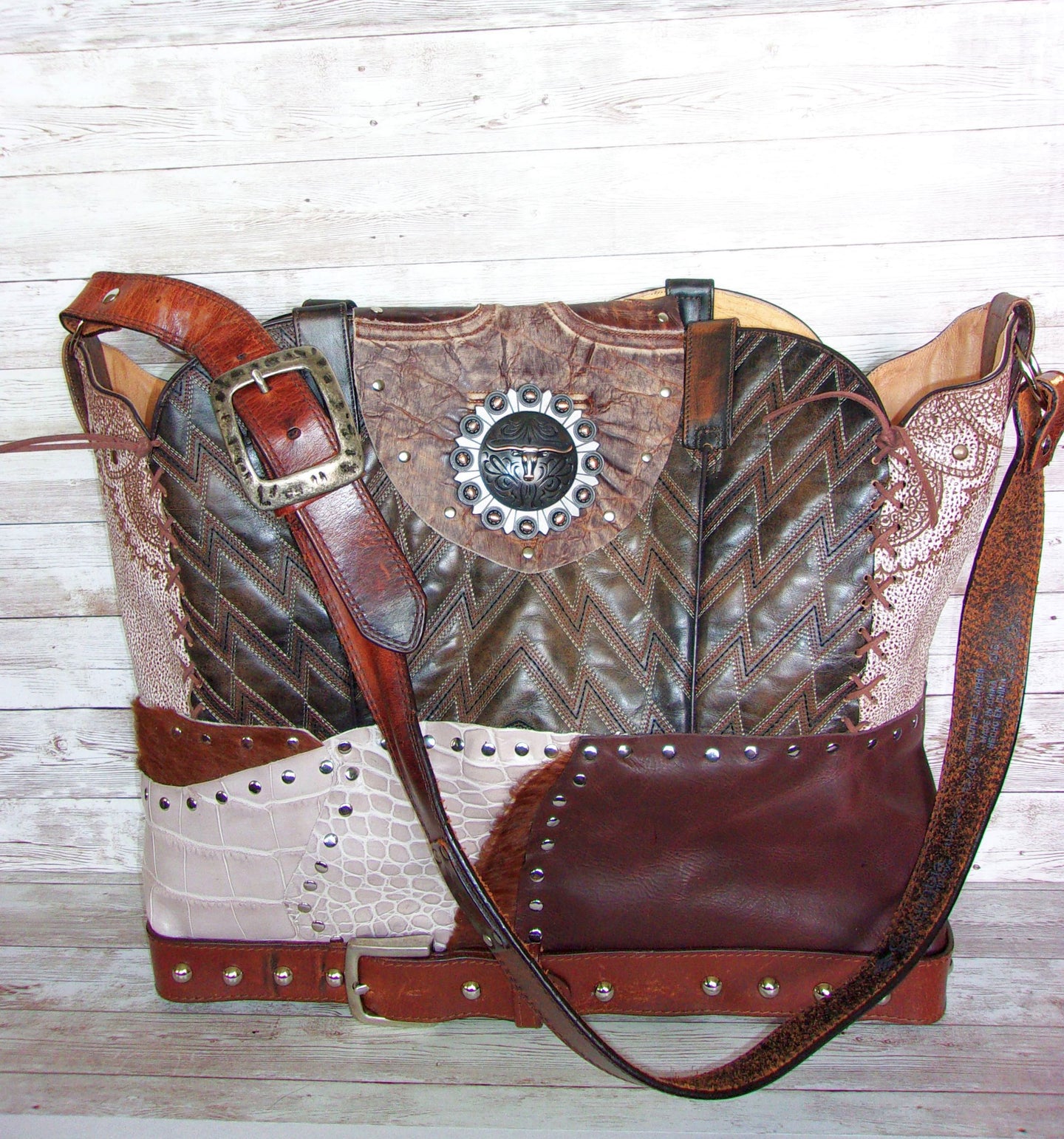 Cowboy Boot Laptop Tote LT36 handcrafted from cowboy boots. Shop Handbags at ChrisThompsonBags.com and buy the best boot purse, cowboy boot purse, cowgirl handbag, leather laptop tote, recycled cowboy boots, unique gift for her, unique gift for him, unique travel bag, western diaper bag, western laptop tote, western travel bag, XL cowboy Boot Purse, XL leather tote at Chris Thompson Bags.