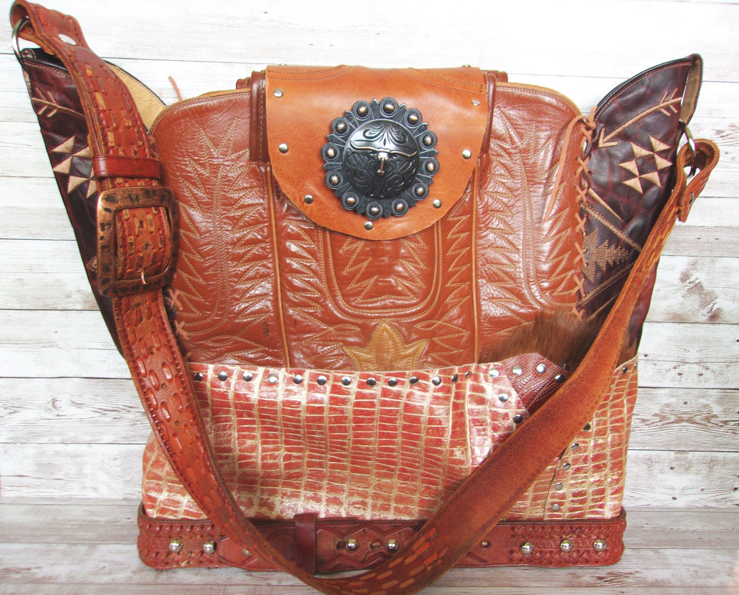 Cowboy Boot Laptop Tote LT48 handcrafted from cowboy boots. Shop Luggage & Bags at ChrisThompsonBags.com and buy the best boot purse, cowboy boot purse, cowgirl handbag, leather laptop tote, recycled cowboy boots, unique gift for her, unique gift for him, unique travel bag, western diaper bag, western laptop tote, western travel bag, XL cowboy Boot Purse, XL leather tote at Chris Thompson Bags.